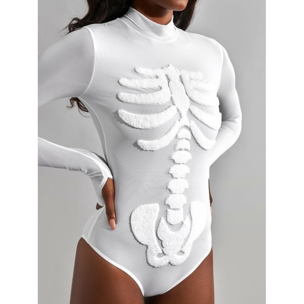 Buff Bunny Skullpture Skeleton Long Sleeve Bodysuit White / Women's Size XS